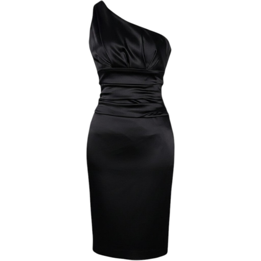 SUZI CHIN FOR MAGGY BOUTIQUE Size 2 Black Satin One Shoulder Ruched Party Dress